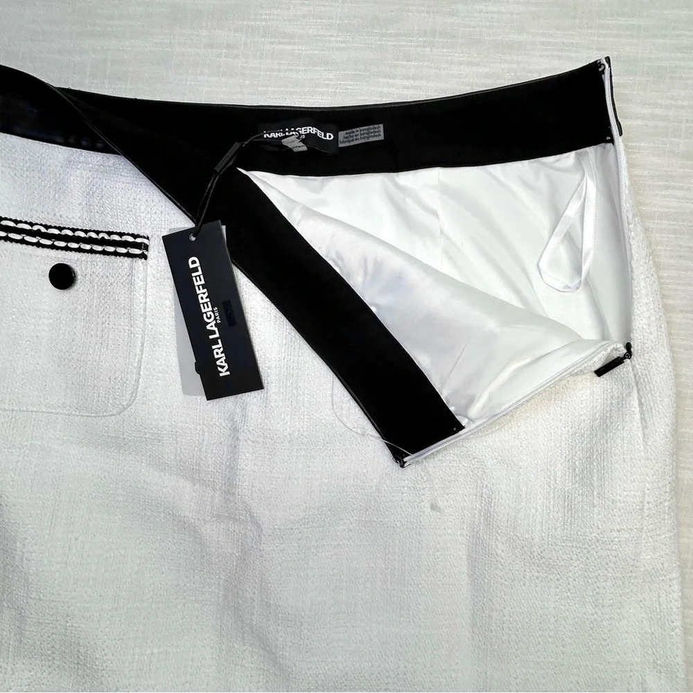 Karl Lagerfeld PARIS tweed skirt 10 white w contrasting trim Pockets above knee - Picture 11 of 16